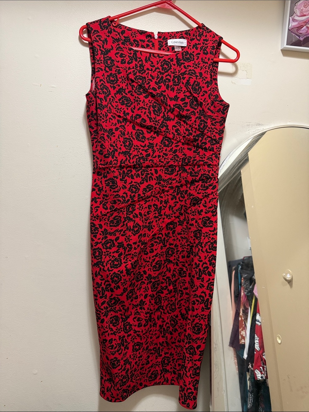 Calvin Klein Red Floral Sheath Dress with Black Print